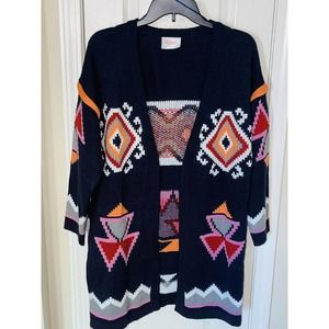 Moon Women’s Aztec Tribal Print Open Front Cardigan Sweater Navy Blue Size Small